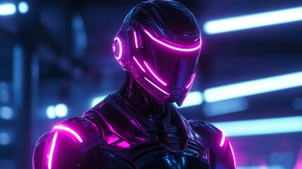 Naklejka premium A sleek, futuristic cyborg with neon lights in a sci-fi environment