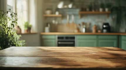  "Fresh Perspective: Wooden Tabletop with Blurred Modern Green Kitchen Interior"

