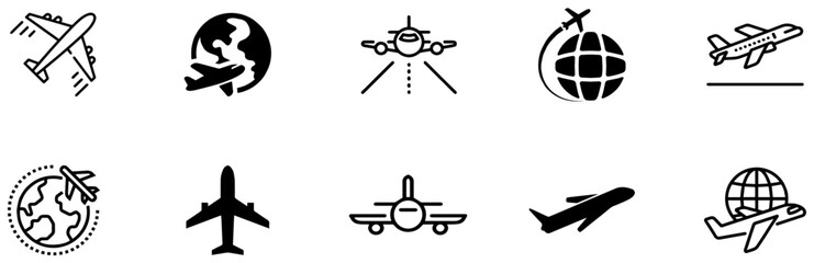Airplane icon set. Plane symbol in black outline design. Plane icon collection. Airplane icon vector. Flight transport symbol. Travel concept. Vector Illustration. EPS 10