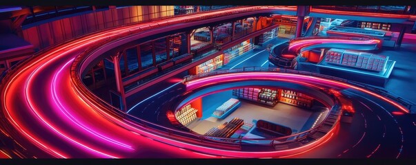 A vibrant, futuristic cityscape with illuminated roads and dynamic architecture.