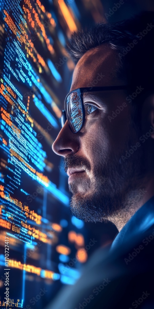 Poster a man is looking at a computer screen with a lot of numbers and letters