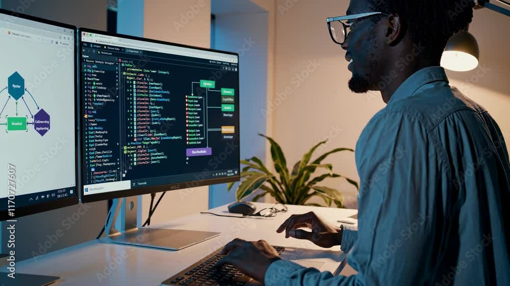 Poster Coding session with dual monitors in a modern workspace