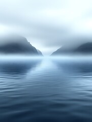 Naklejka premium Misty fjord landscape with calm water reflection.