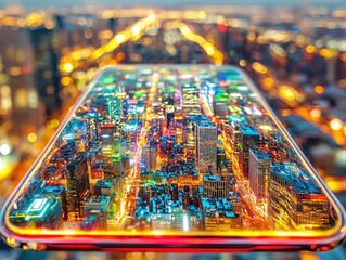 Obraz premium A close-up view of a futuristic holographic tablet displaying a vibrant 3D map with glowing data overlays. The transparent edges of the tablet project floating menus and dynamic notifications, 