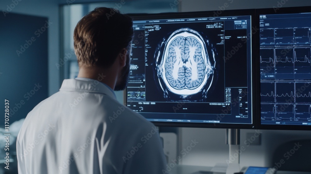 Poster medical professional analyzing brain scan on computer screen