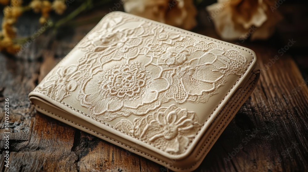 Poster elegant handcrafted leather wallet adorned with intricate floral patterns placed on rustic wooden su