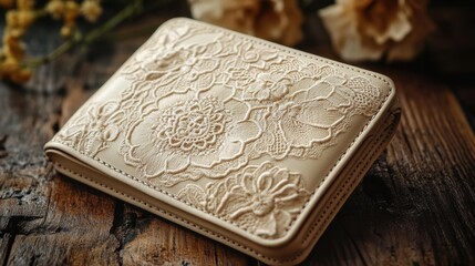 Fototapeta premium Elegant handcrafted leather wallet adorned with intricate floral patterns placed on rustic wooden surface. Generative AI