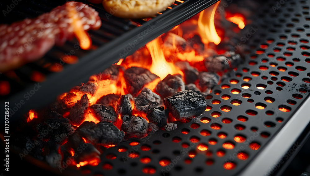 Poster close-up of glowing embers and charcoal in an outdoor grill, creating dynamic lighting effects and e