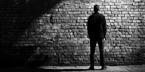 Contemplative Man Standing Alone in Front of a Gritty Brick Wall