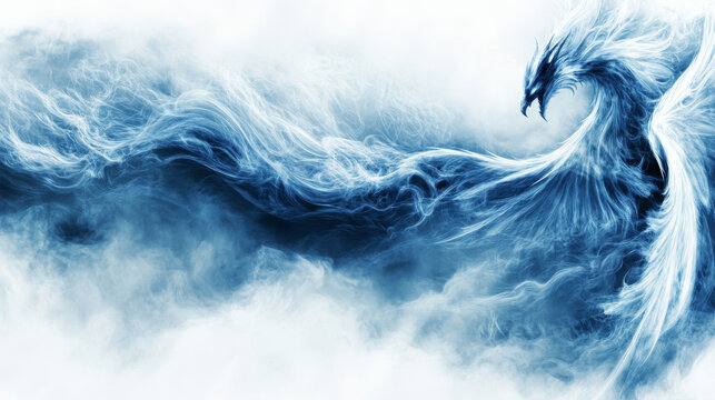Majestic blue phoenix in swirling mist