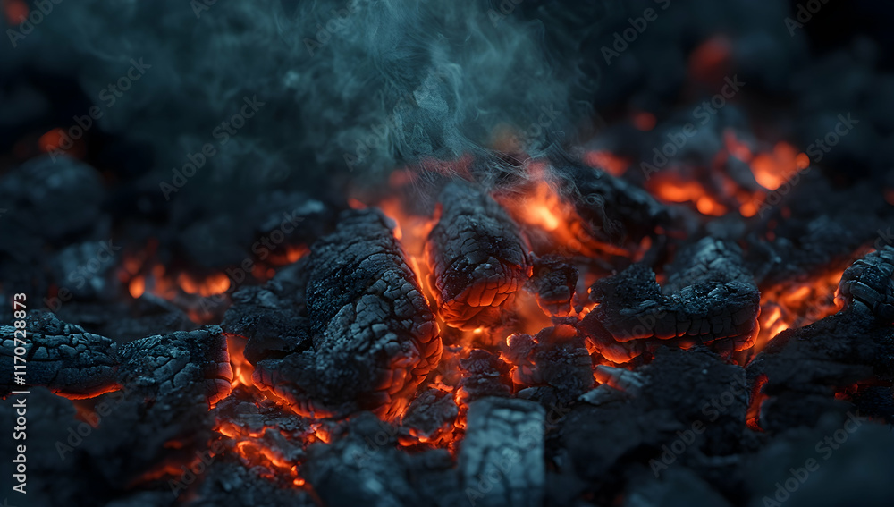 Poster close-up of glowing embers and charcoal in an outdoor grill, creating dynamic lighting effects and e