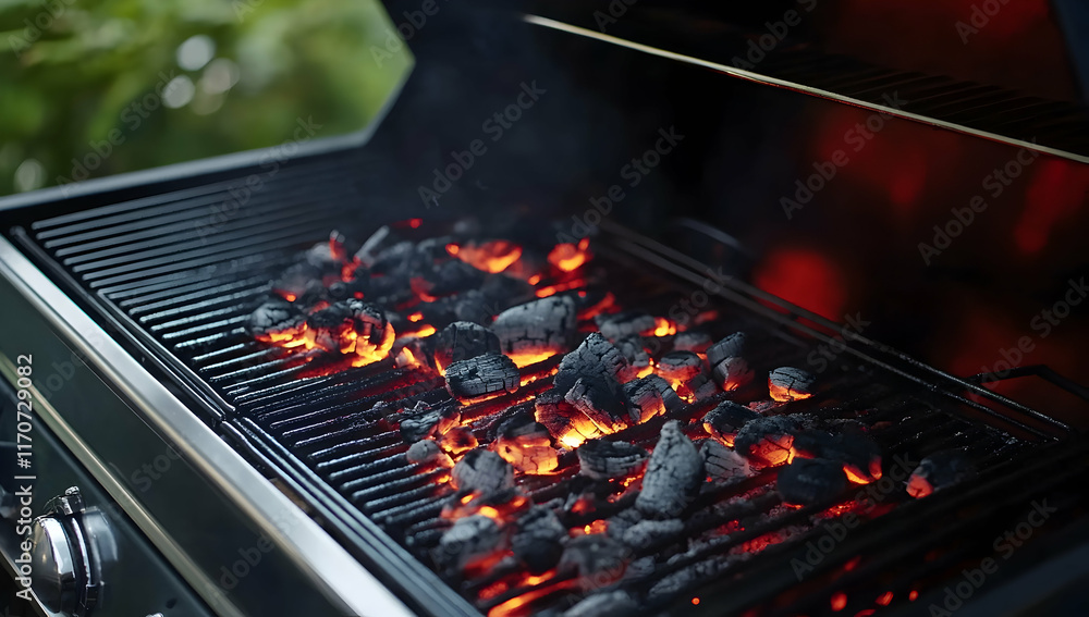 Poster close-up of glowing embers and charcoal in an outdoor grill, creating dynamic lighting effects and e