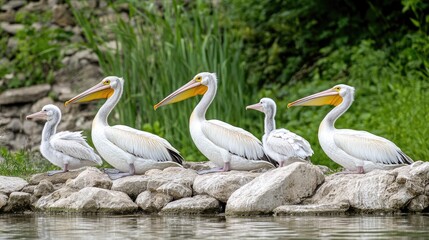 A group of pelicans resting on rocks by the water, showcasing their distinctive features.