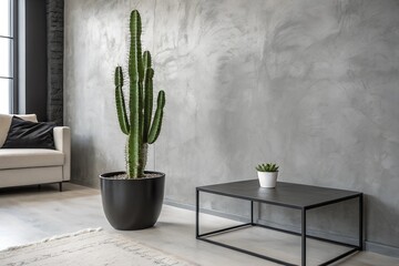 A sleek monochromatic space featuring a gray stucco backdrop, a black matte pot housing a tall cactus, a minimalist table, and ambient lighting for a contemporary, sophisticated vibe