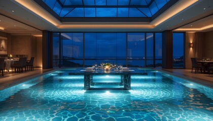 Modern Interior with Indoor Pool, Glass Ceiling, and Dining Area