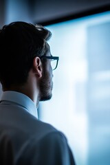 A man in a suit is looking at a computer screen