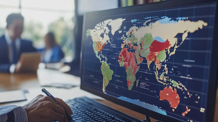 World map on computer screen in office setting