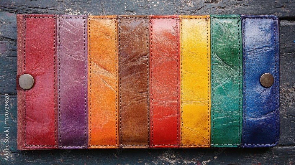 Poster vibrant multi-colored wallet showcasing a rainbow pattern resting on a rustic wooden surface in soft