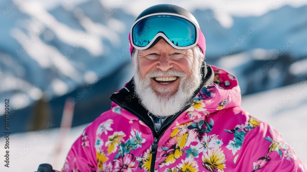 Poster man in a pink floral jacket is smiling and posing for a picture. he is wearing goggles and a helmet,