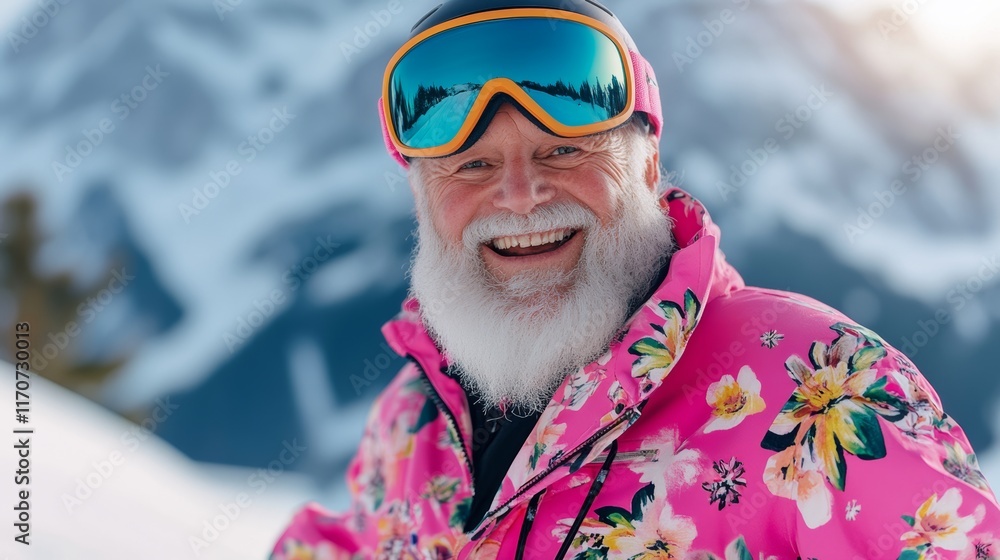 Poster man with a beard and a pink jacket with flowers on it is smiling. he is wearing goggles and a helmet