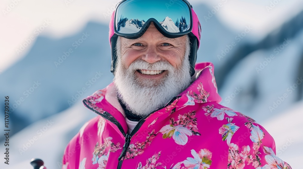 Poster man with a beard and a pink jacket is smiling. he is wearing goggles and a helmet