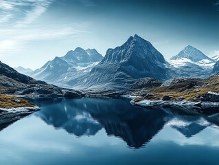 Serene Mountain Lake: Majestic Peaks Mirrored in Tranquil Waters