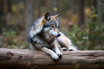 Fototapeta premium Eurasian wolf on a log in the forest