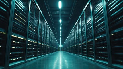 Obraz premium Server Room Corridor: A Glimpse into the Digital Heart of Modern Technology