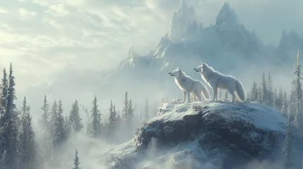 Selbstklebende Fototapeten Majestic white wolves stand atop a rocky outcrop in a serene winter landscape under a cloudy sky at dawn. Generative AI © Oleksandr