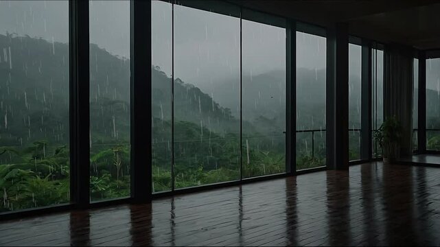 Modern living room. Rainy night. Relaxing lo-fi hip hop mood. raining time