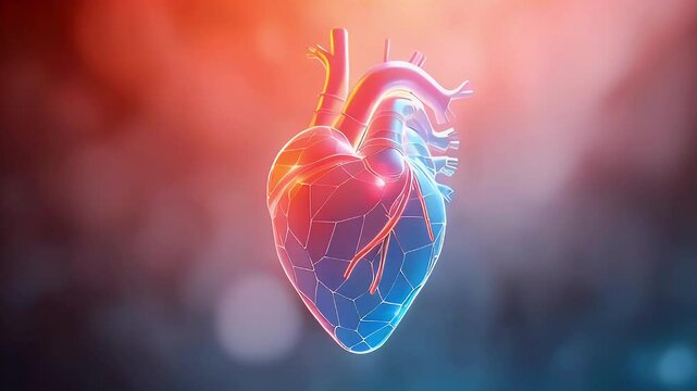 Anatomical heart illustration, transparent, on a cloudy red and blue background.