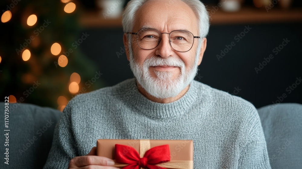Poster man in a gray sweater is holding a gift with a red bow. he is smiling and he is happy