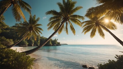 Fototapeta premium Untouched Tropical Paradise Summer Wallpaper with soft white sand, crystal-clear turquoise water, and swaying palm trees create a picture-perfect scene under a clear blue sky with puffy white clouds