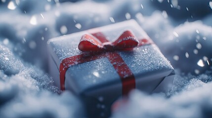 A close-up of a beautifully wrapped Valentine's Day gift box with a red ribbon, nestled in a pile of soft snowflakes.