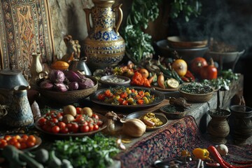 Obraz premium A beautiful array of vibrant vegetables and herbs on a rustic table, showcasing nature's bounty.