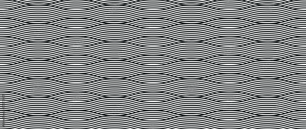 Poster Abstract pattern from lines, halftone effect. Black and white texture. Minimalistic design template for poster, banner, cover, postcard. Abstract background in black and white with wavy lines pattern