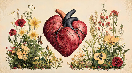 Human Heart with Blooming Flowers Botanical Art