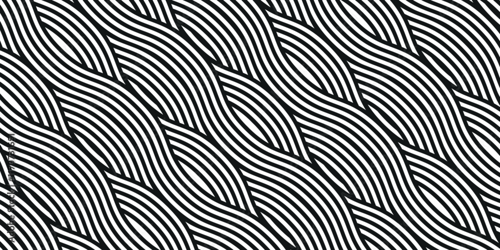 Poster Abstract pattern from lines, halftone effect. Black and white texture. Minimalistic design template for poster, banner, cover, postcard. Abstract background in black and white with wavy lines pattern