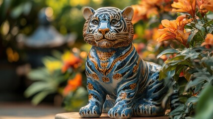 Vibrant ceramic tiger surrounded by colorful flowers in a serene garden setting during a sunny afternoon. Generative AI