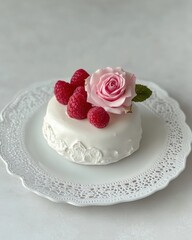 Elegant white cake adorned with raspberries and a pink rose, perfect for celebrations.