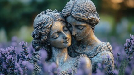 Naklejka premium Embracing moments of serenity with elegant stone sculptures surrounded by vibrant lavender blooms. Generative AI