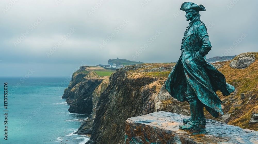 Aufkleber statue overlooking the dramatic cliffs and ocean waves at a coastal location in a misty setting duri