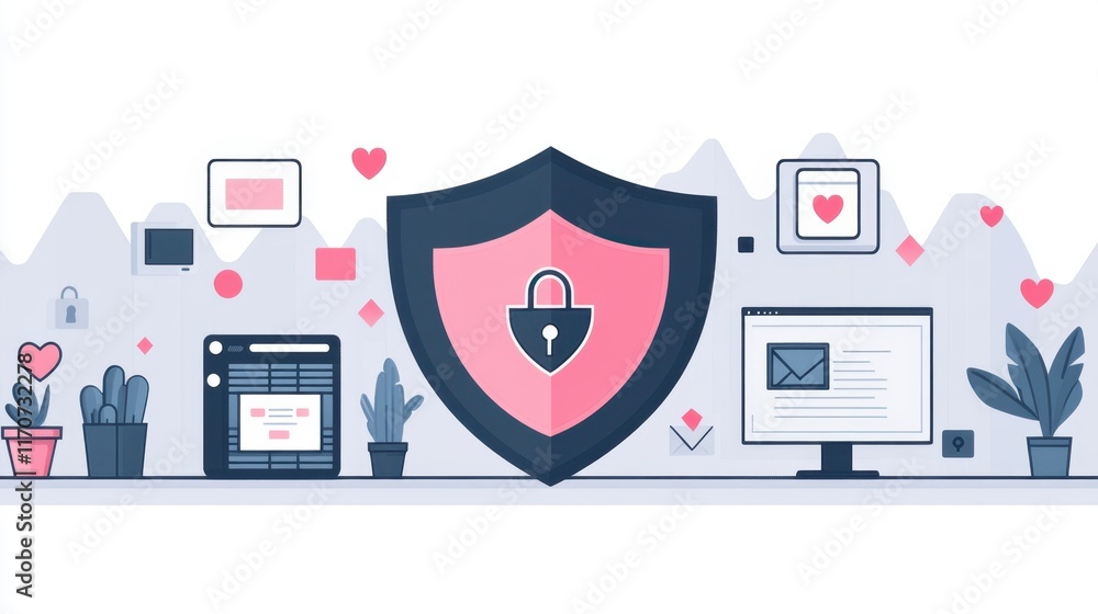 Aufkleber digital protection theme featuring a shield and tech elements in a harmonious workspace with plants 