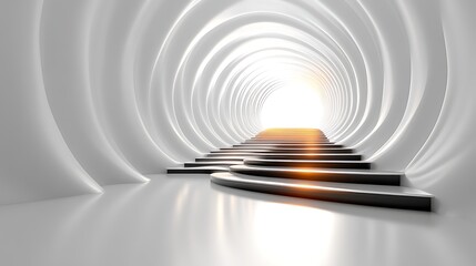 Fototapeta premium Abstract circular tunnel with stairs leading to light.
