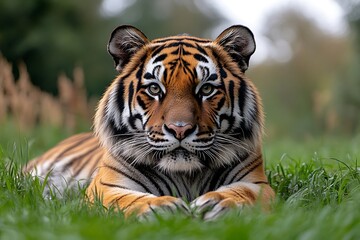 Fototapeta premium Majestic Tiger Resting in Lush Grass