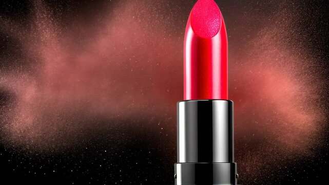 Close up of a red lipstick with a black cap. The lipstick is surrounded by a cloud of red powder, giving the impression of a smudge or a mess. Concept of playfulness and fun