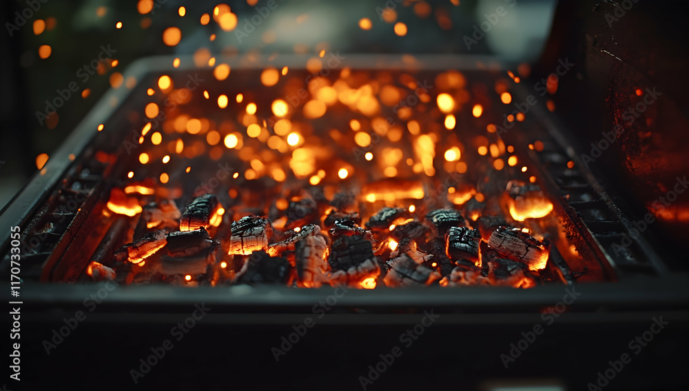 Poster close-up of glowing embers and charcoal in an outdoor grill, creating dynamic lighting effects and e