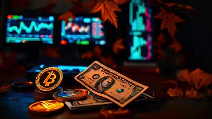 Money and chart displays on a desk, with fall leaves. Background monitors. - Powered by Adobe