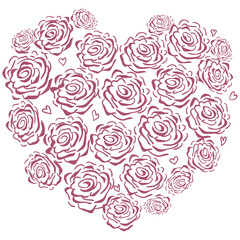 Floral Heart with Roses. Line Art Illustration.