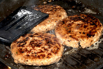 Frying Burgers Beef Meat in a Pan with oil Cooking
